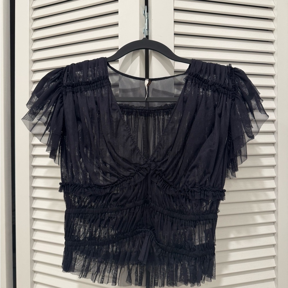 Free People Black Sheer Ruffle Blouse